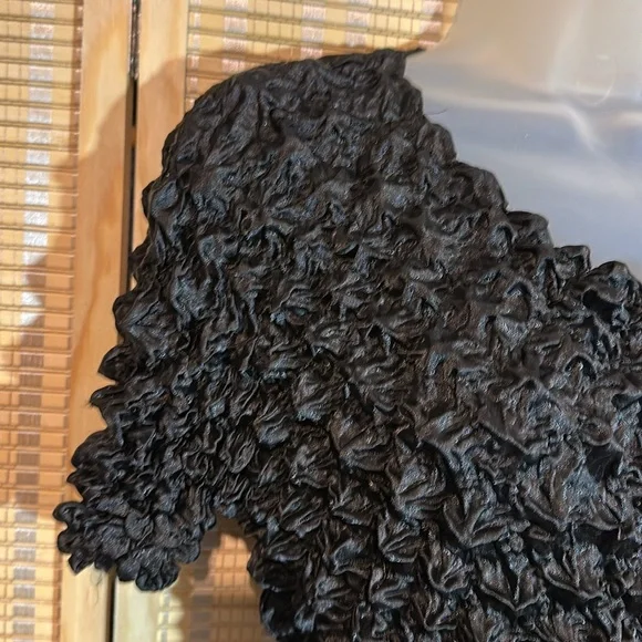 Vintage Y2K Black Cropped Silk Feel Stretchy Ruffled Short Sleeve Popcorn Shirt - Picture 6 of 14